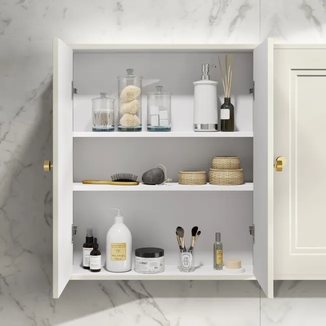 Chalk White Wall Hung Cabinet 700x600mm - Brushed Brass Accents