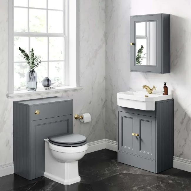 Dove Grey Mirror Cabinet 700x500mm - Brushed Brass Accents