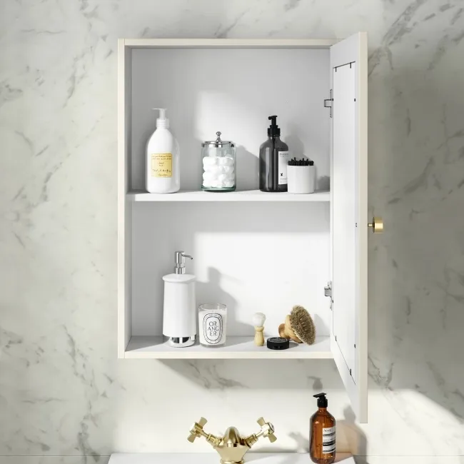 Chalk White Mirror Cabinet 700x500mm - Brushed Brass Accents
