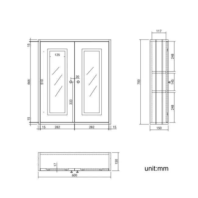 Chalk White Wall Hung Mirror Cabinet 700x600mm - Brushed Brass Accents