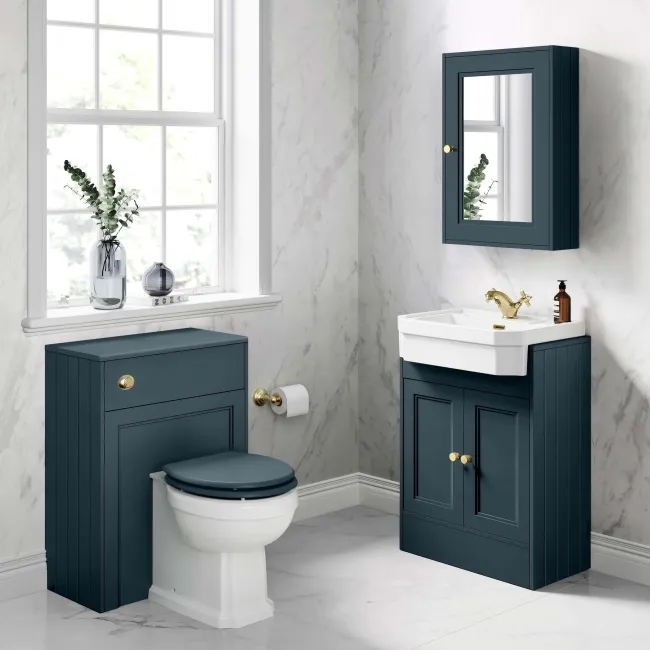 Inky Blue Mirror Cabinet 700x500mm - Brushed Brass Accents