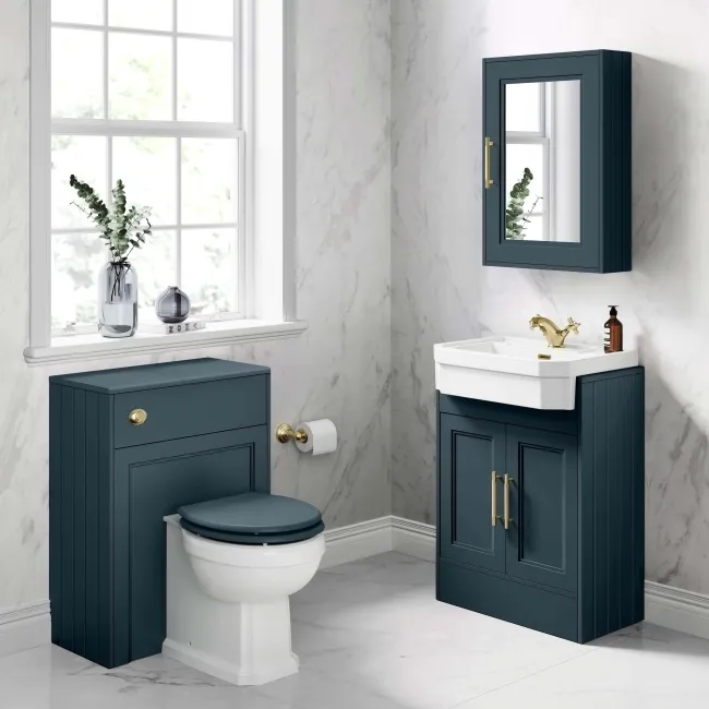 Inky Blue Mirror Cabinet 700x500mm - Brass Knurled Handles