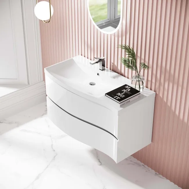 Bali Gloss White Wall Hung Basin Drawer Vanity 1000mm -left Handed
