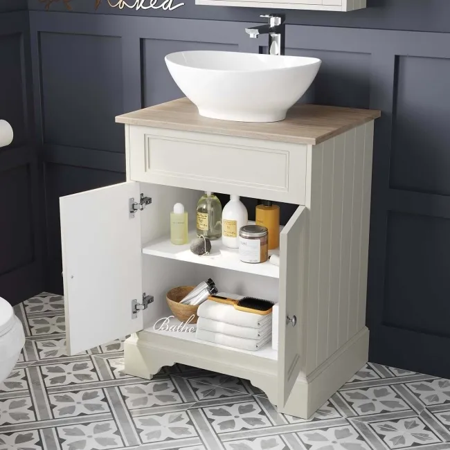 Lucia Chalk White Vanity With Oak Effect Top & Oval Counter Top Basin 640mm