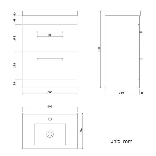 Avon Stone Grey Basin Drawer Vanity 600mm