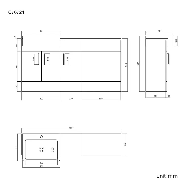 Harper Gloss White Combination Vanity Basin 1500mm (Excludes Pan + Cistern)