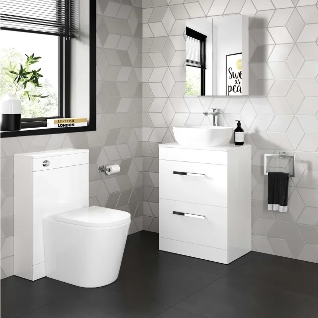 Avon Gloss White Vanity Drawer with Curved Counter Top Basin 600mm