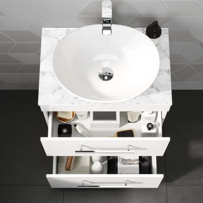 Avon Gloss White Vanity Drawer with Marble Top & Oval Counter Top Basin 600mm