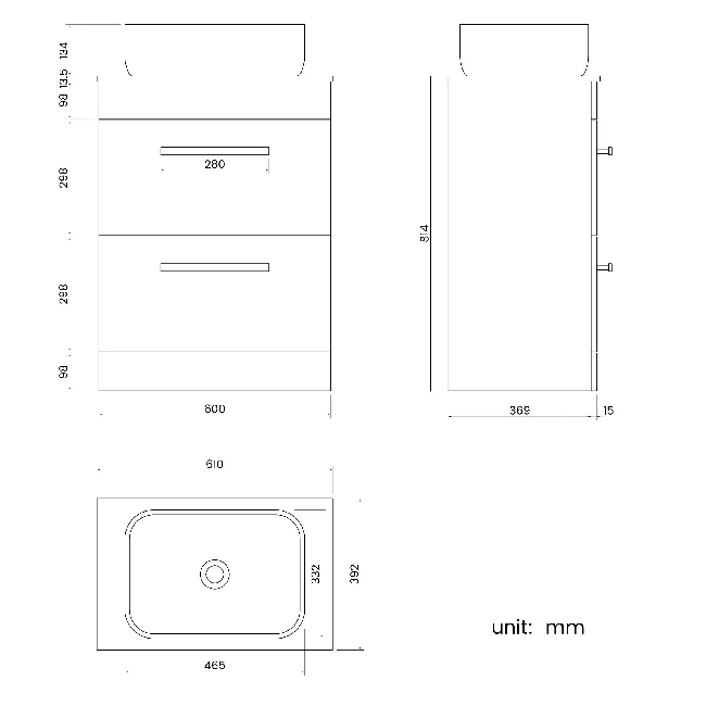 Avon Gloss White Vanity Drawer with Marble Top & Curved Counter Top Basin 600mm