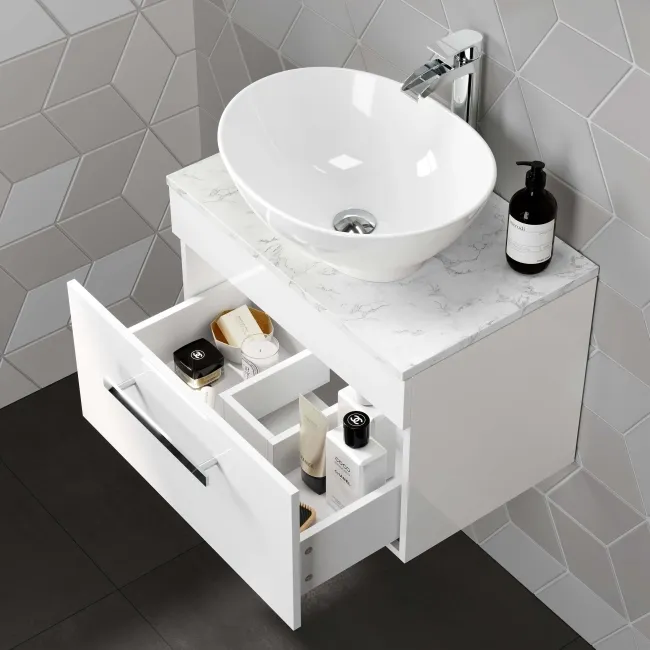 Avon Gloss White Wall Hung Drawer Vanity with Marble Top & Oval Counter Top Basin 600mm
