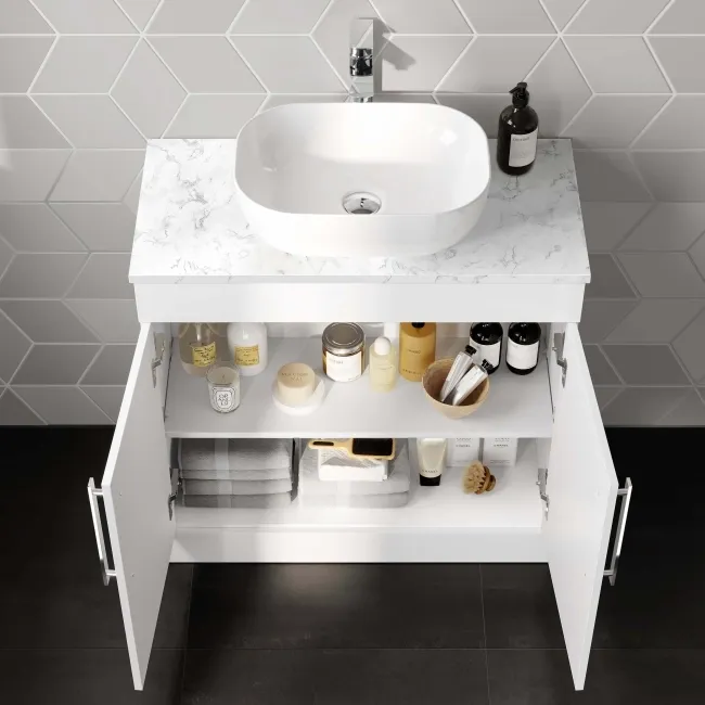 Avon Gloss White Vanity with Marble Top & Curved Counter Top Basin 800mm