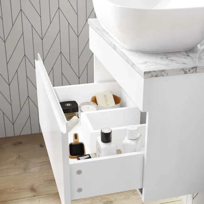 Trent Gloss White Wall Hung Drawer Vanity with Marble Top & Curved Counter Top Basin 600mm