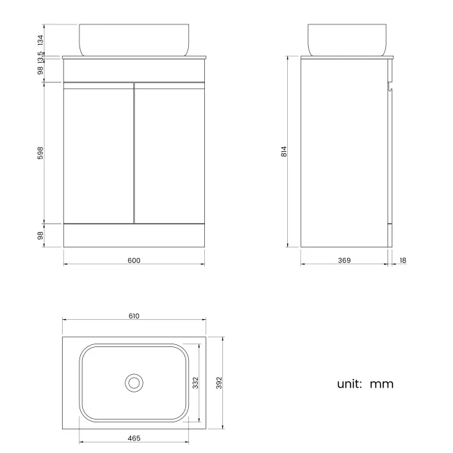 Trent Stone Grey Vanity with Marble Top & Curved Counter Top Basin 600mm