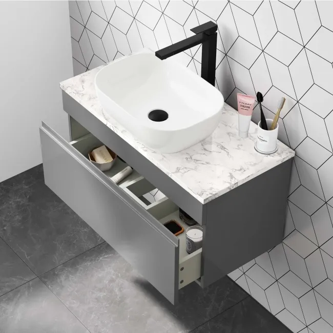 Trent Stone Grey Wall Hung Drawer Vanity with Marble Top & Curved Counter Top Basin 800mm