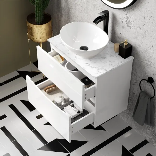 Austin Gloss White Wall Hung Drawer Vanity with Marble Top & Oval Counter Top Basin 600mm