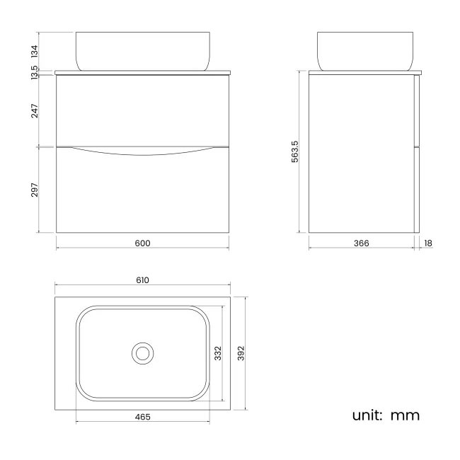 Austin Gloss White Wall Hung Drawer Vanity with Marble Top & Curved Counter Top Basin 600mm