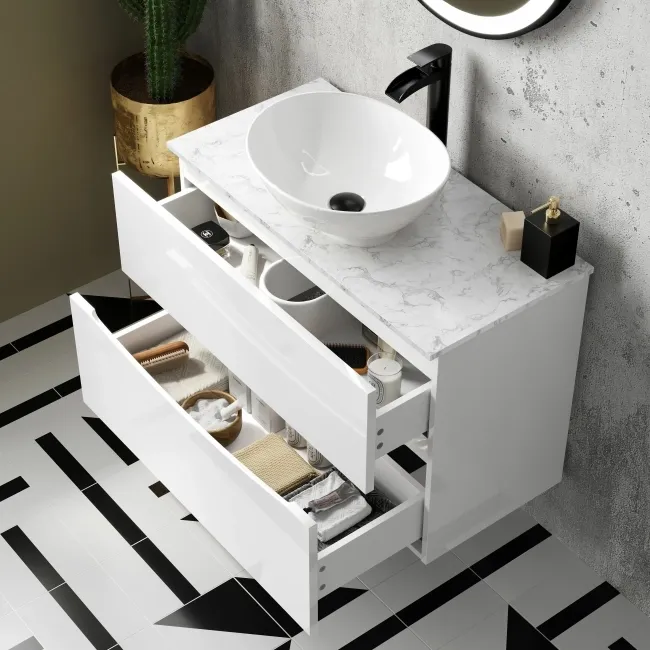 Austin Gloss White Wall Hung Drawer Vanity with Marble Top & Oval Counter Top Basin 800mm