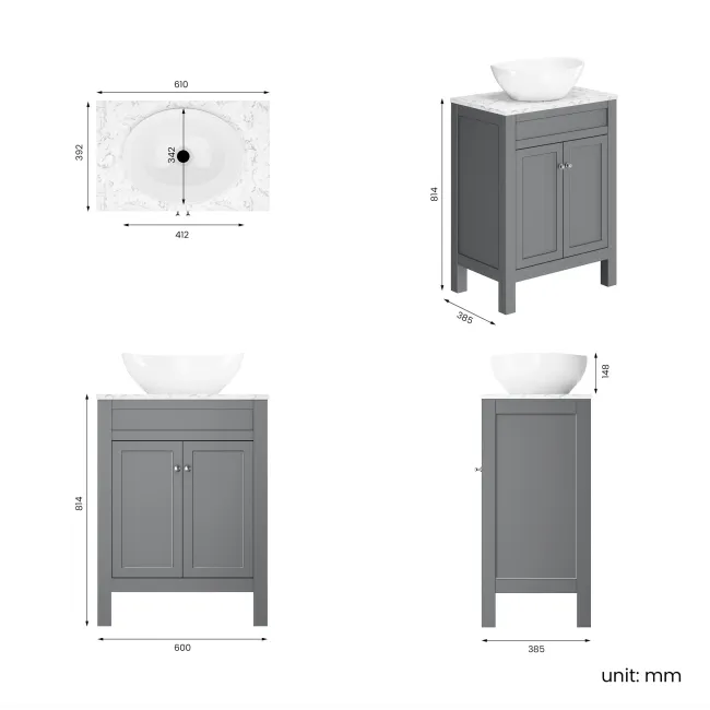 Bermuda Dove Grey Vanity with Marble Top & Oval Counter Top Basin 600mm