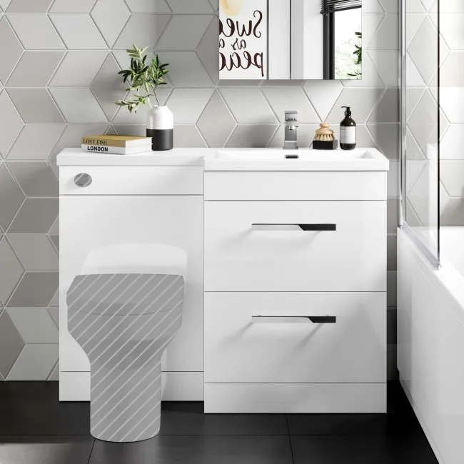 Avon Gloss White Basin Vanity Drawer and Back To Wall Unit 1100mm - Right Handed