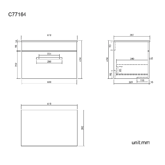 Avon Stone Grey Wall Hung Drawer with Marble Top 600mm - Excludes Counter Top Basin
