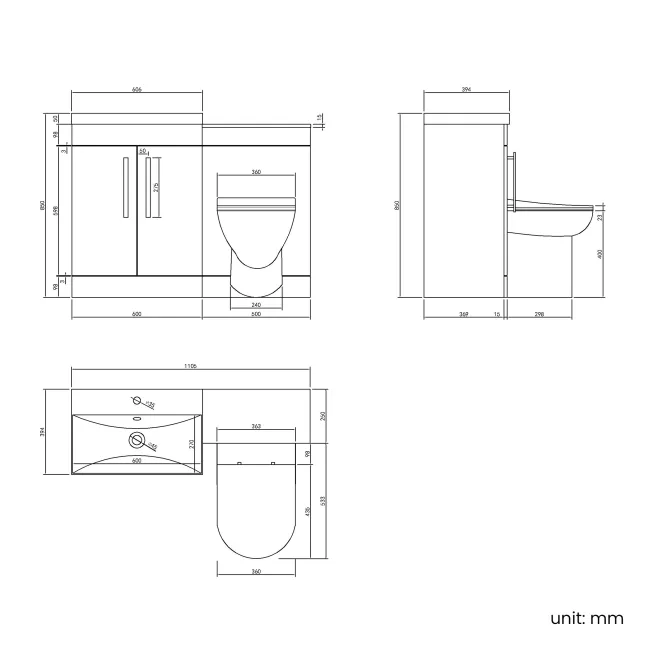 Avon Stone Grey Combination Vanity Basin and Aruba Toilet 1100mm