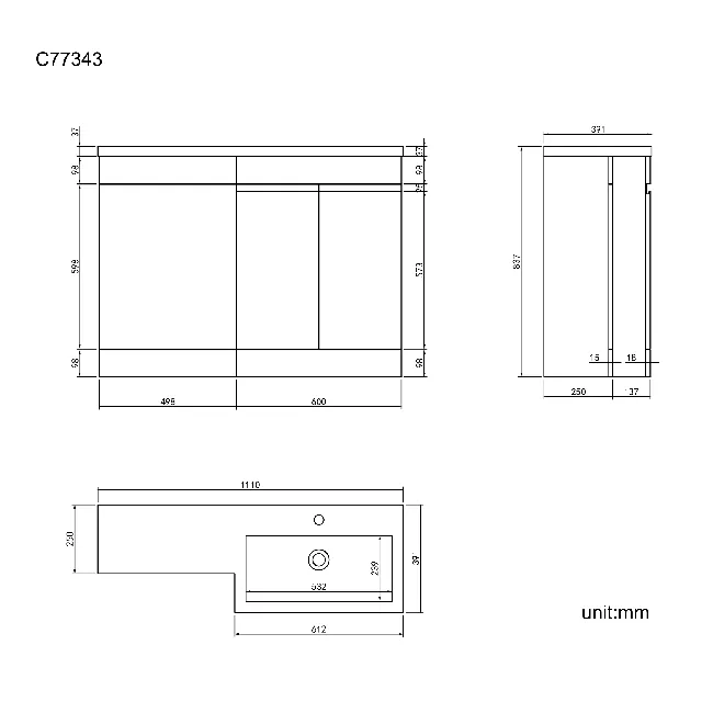 Trent Gloss White Basin Vanity and Back To Wall Unit 1100mm - Right Handed