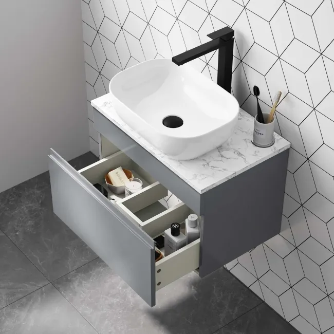 Trent Stone Grey Wall Hung Drawer with Marble Top 600mm - Excludes Counter Top Basin