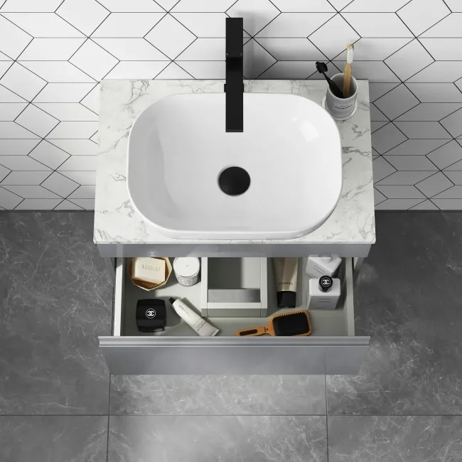Trent Stone Grey Wall Hung Drawer with Marble Top 600mm - Excludes Counter Top Basin
