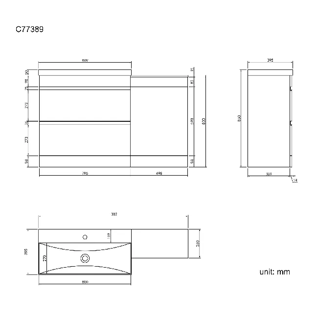 Trent Stone Grey Basin Vanity Drawer and Back To Wall Unit 1300mm