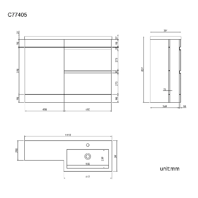 Trent Stone Grey Basin Vanity Drawer and Back To Wall Unit 1100mm - Right Handed