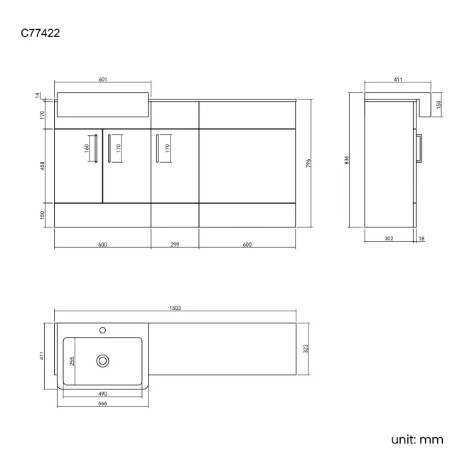 Harper Gloss White Combination Vanity Basin with Marble Top 1500mm