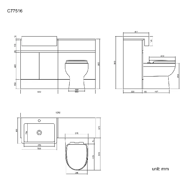 Foster Stone Grey Combination Vanity Basin and Seattle Toilet 1200mm