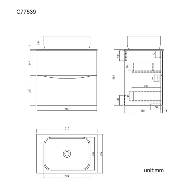 Austin Stone Grey Wall Hung Drawer Vanity with Marble Top & Curved Counter Top Basin 600mm