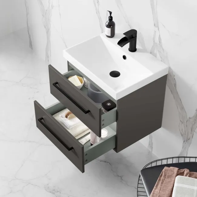 Elba Graphite Grey Wall Hung Basin Drawer Vanity 500mm - Black Accents
