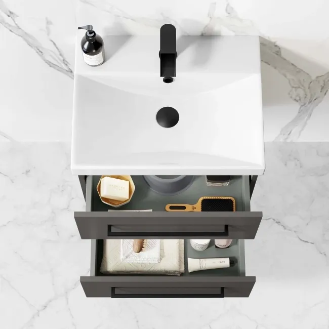 Elba Graphite Grey Wall Hung Basin Drawer Vanity 500mm - Black Accents