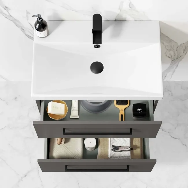 Elba Graphite Grey Wall Hung Basin Drawer Vanity 600mm - Black Accents