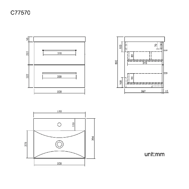 Elba Charcoal Elm Wall Hung Basin Drawer Vanity 500mm - Black Accents