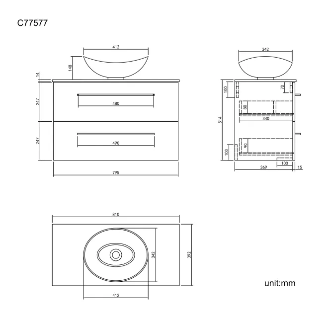 Elba Charcoal Elm Wall Hung Drawer Vanity with Marble Top & Oval Counter Top Basin 800mm - Black Accents
