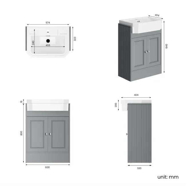 Monaco Dove Grey Traditional Basin Vanity 600mm