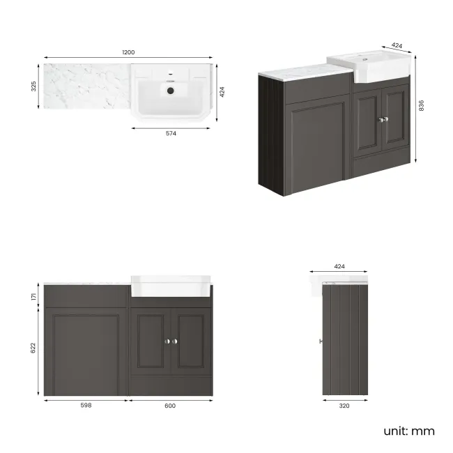 Monaco Graphite Grey Combination Vanity Traditional Basin with Marble Top 1200mm (Excludes Pan & Cistern)
