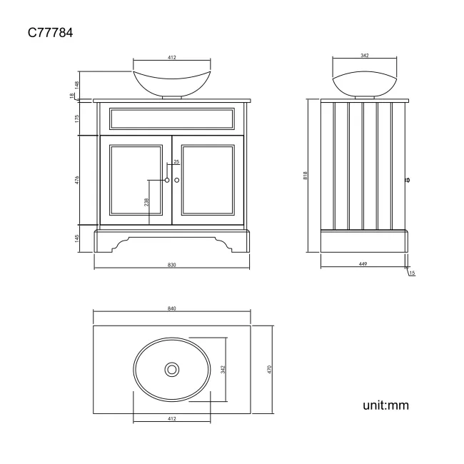 Lucia Graphite Grey Vanity with Oak Effect Top & Oval Counter Top Basin 840mm