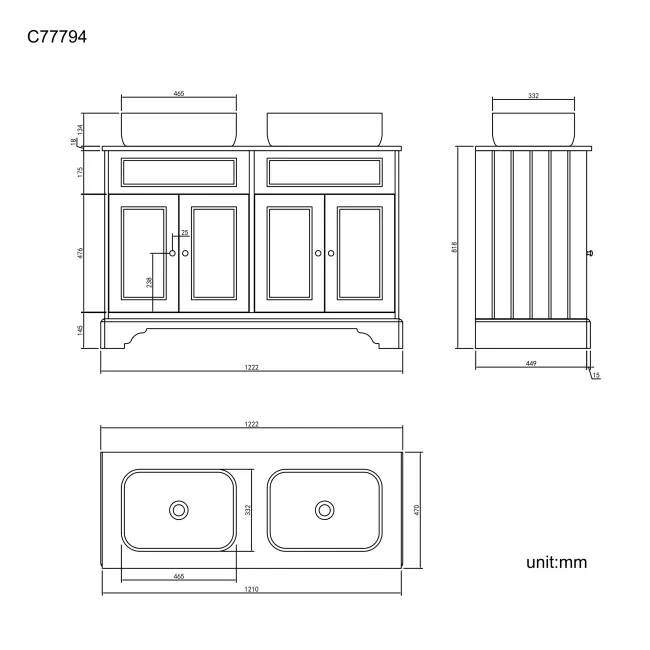 Lucia Graphite Grey Double Vanity with Oak Effect Top & Curved Counter Top Basin 1200mm