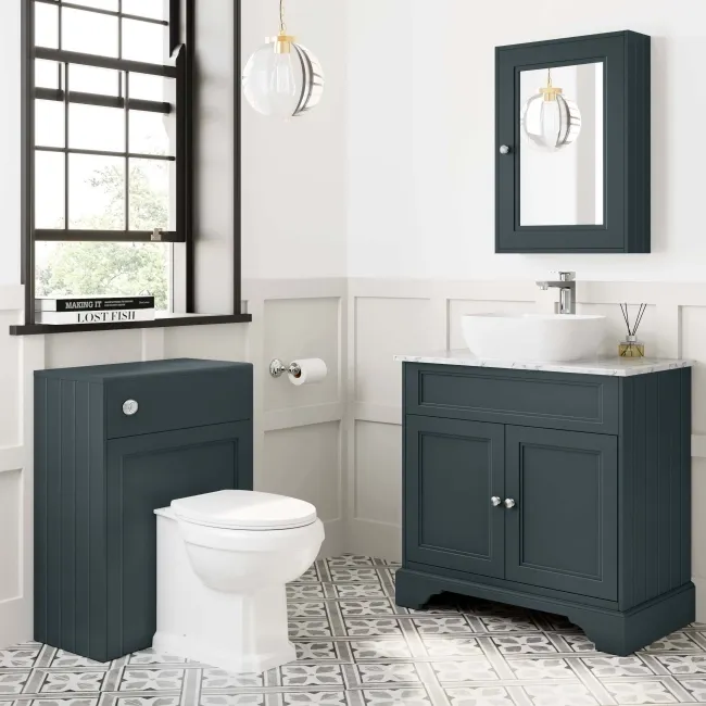 Lucia Inky Blue Vanity with Marble Top & Curved Counter Top Basin 840mm