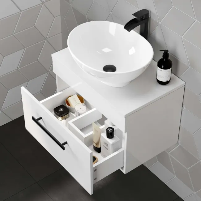 Avon Gloss White Wall Hung Drawer Vanity with Oval Counter Top Basin 600mm - Black Accents