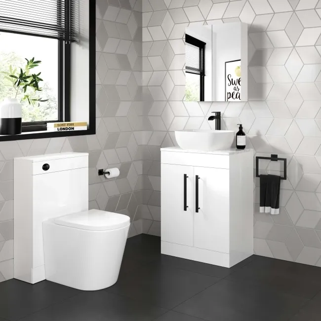 Avon Gloss White Vanity with Marble Top & Curved Counter Top Basin 600mm - Black Accents