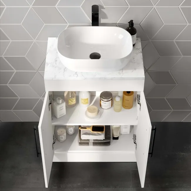 Avon Gloss White Vanity with Marble Top & Curved Counter Top Basin 600mm - Black Accents