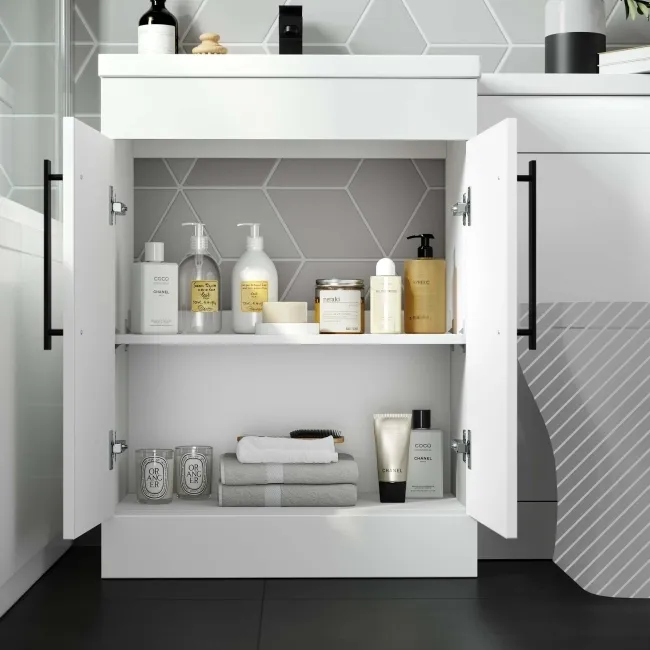 Avon Gloss White Basin Vanity and Back To Wall Unit 1100mm - Black Accents - Left Handed