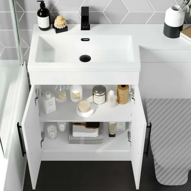 Avon Gloss White Basin Vanity and Back To Wall Unit 1100mm - Black Accents - Left Handed