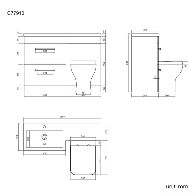 Avon Gloss White Combination Basin Drawer and Atlanta Toilet 1100mm - Black Accents - Left Handed