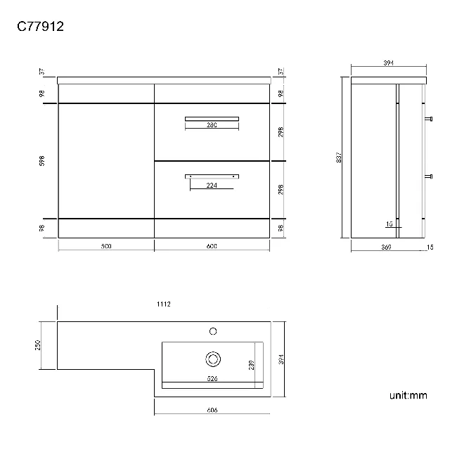 Avon Gloss White Basin Vanity Drawer and Back To Wall Unit 1100mm - Black Accents - Right Handed